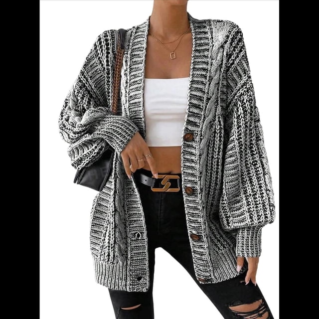 Suéter Cárdigan Informal de Gran Tamaño para Mujer, Otoño e Invierno, Larga, Cuello en V, Punto , Abrigo de Abrigo. Negro S