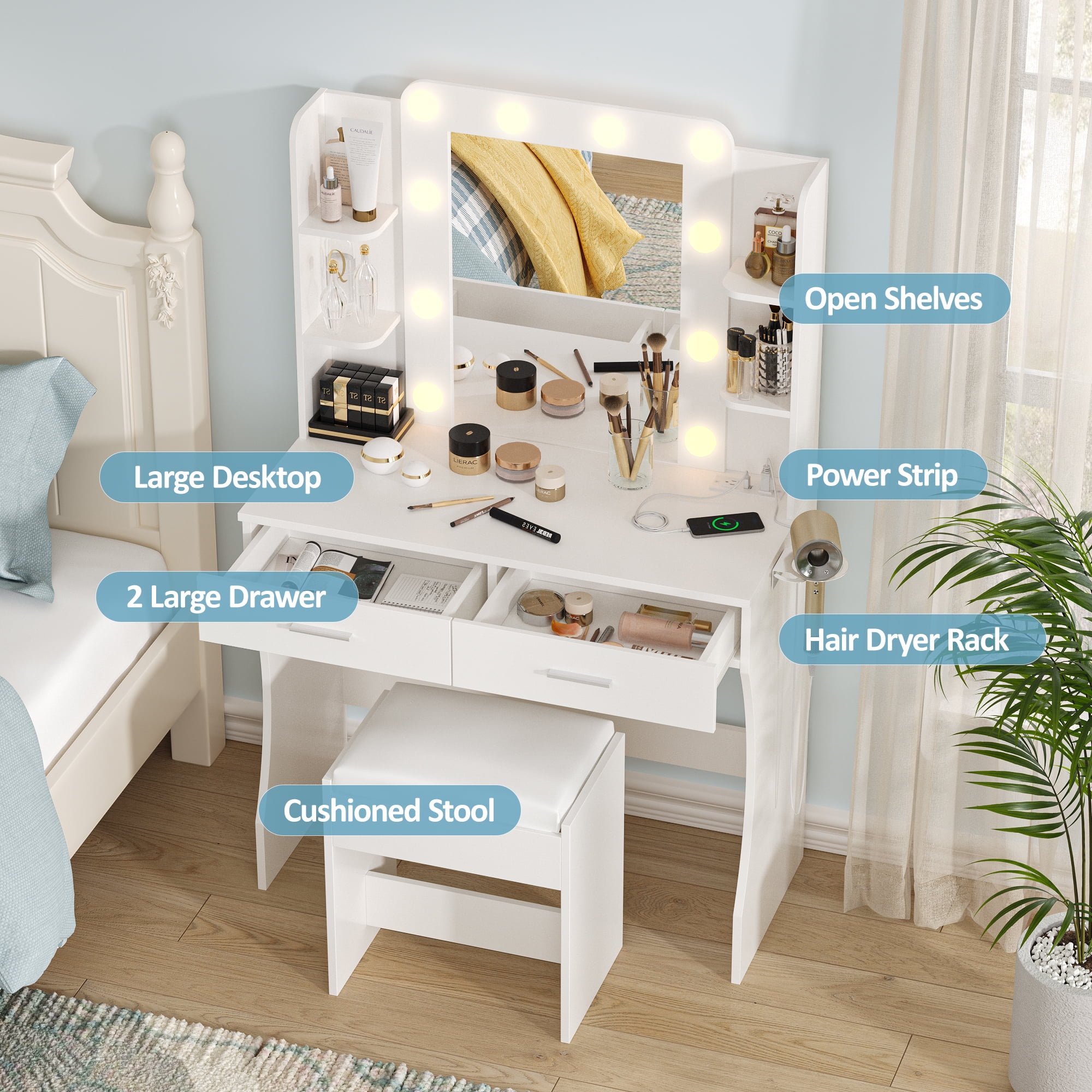 Vabches Vanity Set with Mirror and Lights & Power Outlet Makeup Vanity with 2 Drawers& 6 Shelves, White
