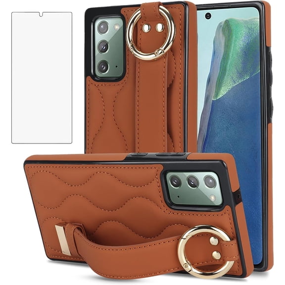 Phone Case for Samsung Galaxy Note 20 5G Cover with Screen Protector and Wrist Strap Kickstand Wristband Holder Stand Ring Silicone Rubber Cell Note20 Notes 20s Twenty Not S20 Women Men Brown