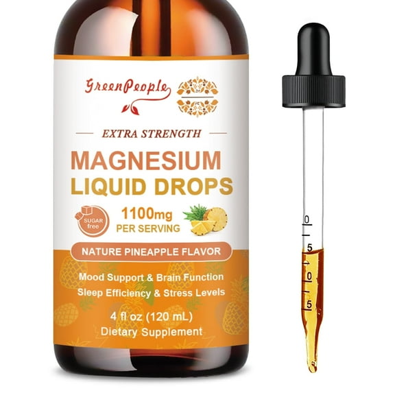 High Absorption Magnesium 1100mg Liquid Supplement with Calcium, Potassium, Vitamin B6, D, CoQ10, Magnesium Liquid Drops for Women and Men, Pineapple Flavor, 4 Fl oz