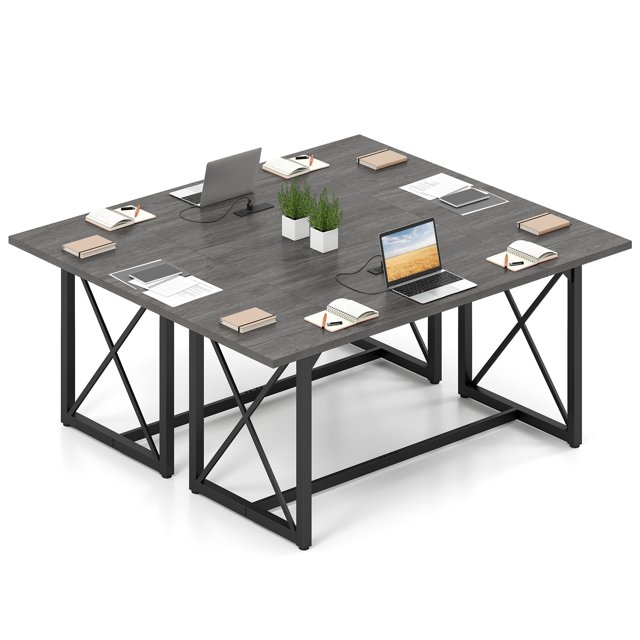 Costway 2 Pcs 6FT Conference Table with Power Outlets, Large Meeting Room Table Seats Gray Oak