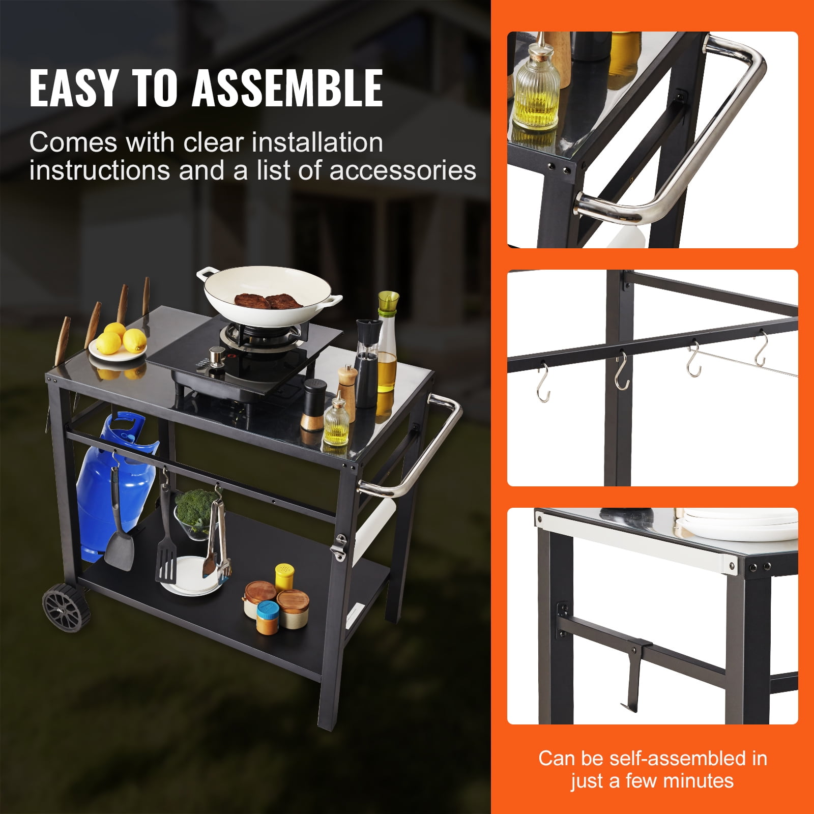 KFFKFF Outdoor Grill Cart with PVC Table Mat, 2 Tier Portable Modular Carts for Pizza Oven BBQ Mobile Grill Cart Food Preparation for Garden, Backyard