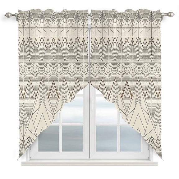 Beige Boho Swag Curtains for Kitchen/Bedroom/Living Room, Vintage Ethnic Tribe Abstract Art Scalloped Curtains 63 Inch Long, Rod Pocket Window Swag Topper Curtains Valances 2 Panels Set 36"x63"