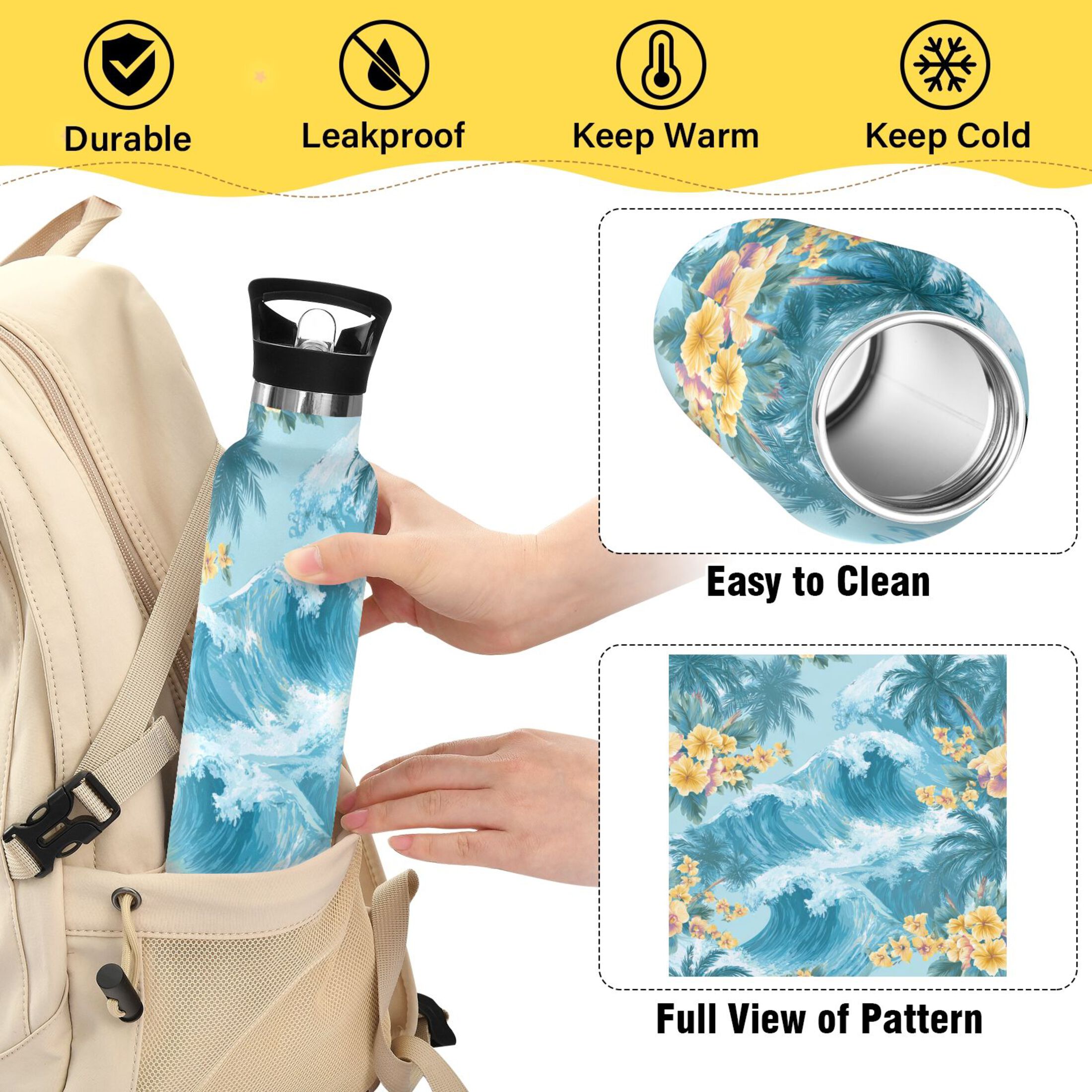 600ML Stainless Steel Insulated Cup Sports Water Bottle Portable Thermos Cup Water Glasses Insulated Tumblers Convenient and Durable Artistic Waves