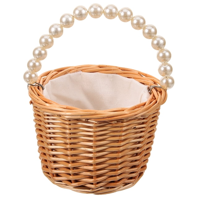 BRIGHTFUFU Cesta tejida de mimbre para niña de las flores, cesta de regalo, cesta de almacenamiento tejida a mano con mango de perla