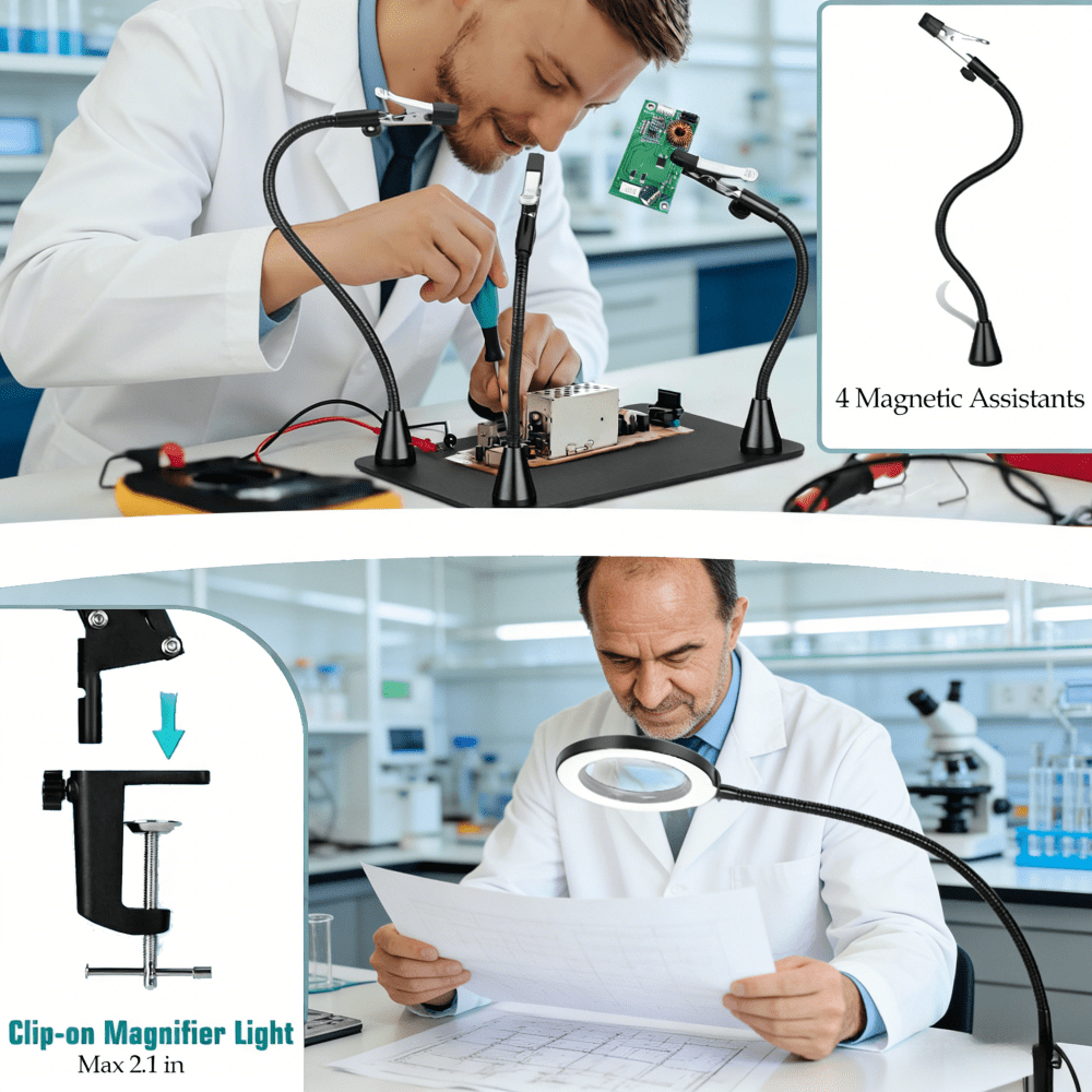 Magnetic Helping Hands Soldering Station, Magnifying Lamp Large Base Third Hand Jewelry Tool Hands Free Magnifier Weighted Base with 4 Magnetic Pillar Crafts Making Electronic Hobby