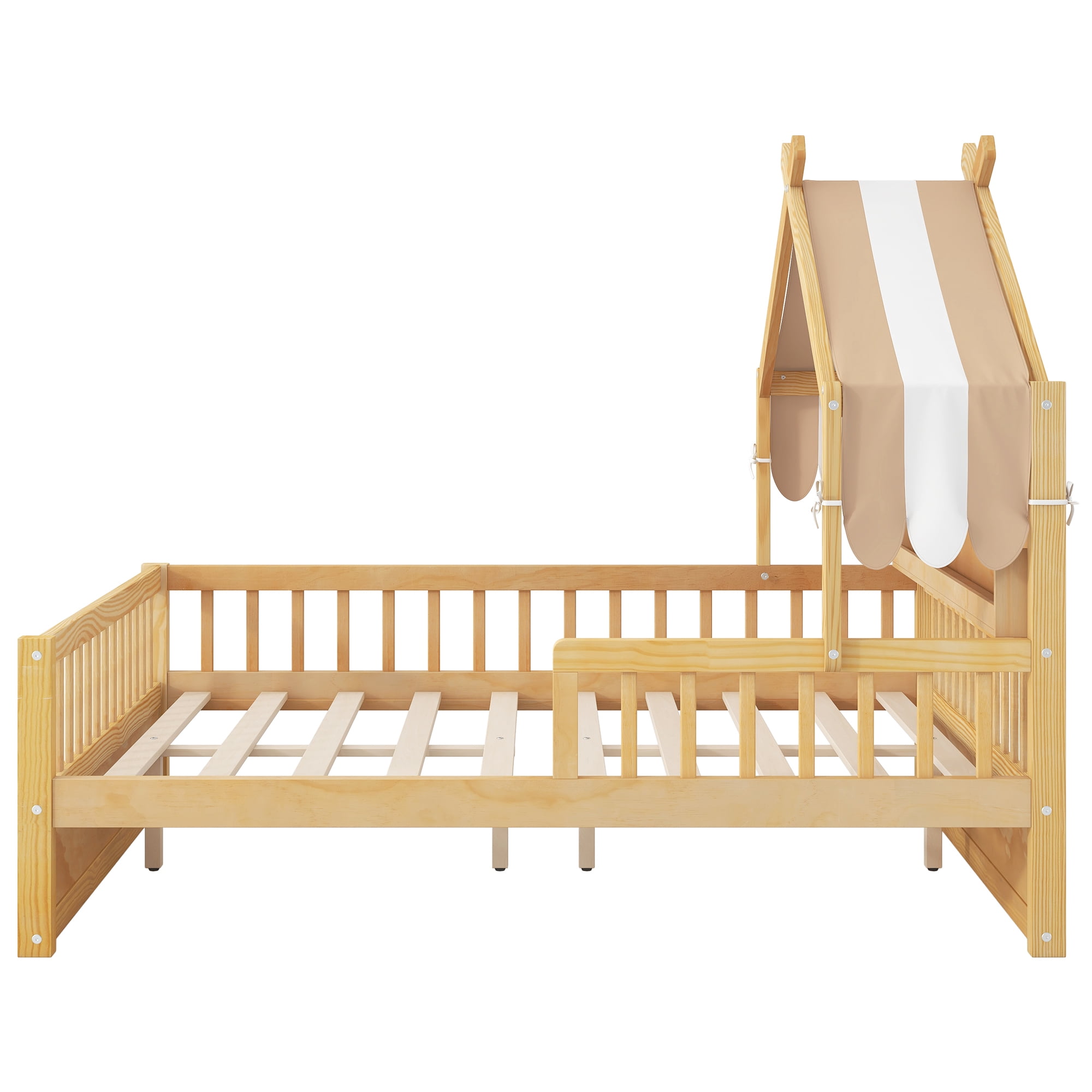 Euroco Wood Full Size Platform Bed with Storage Headboard and Canopy, Natural