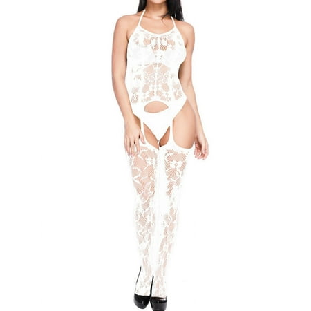 SLADYGLO Women Halter Lace Up Sleeveless Mesh Hollow Out Sexy Lingerie Set