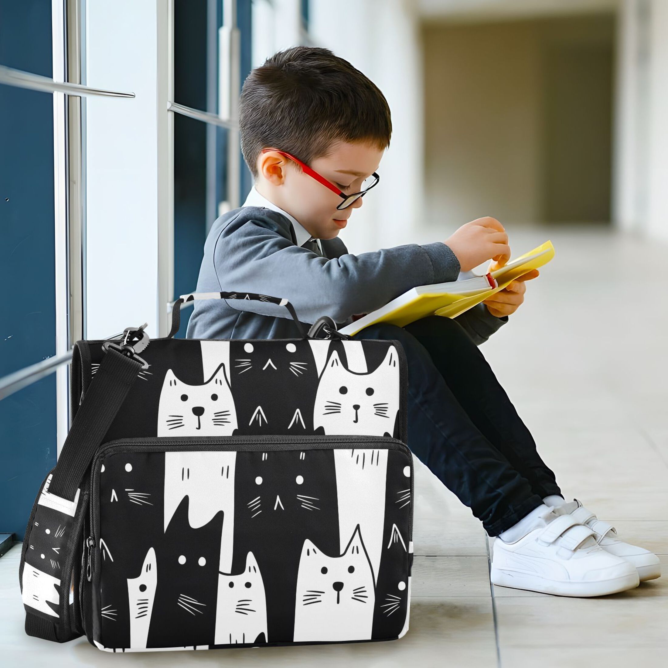 3 Ring Zipper Binder with Shoulder Strap Waterproof Trapper Keeper 2 Inch D-Ring 500 Sheets Capacity White Black Cat