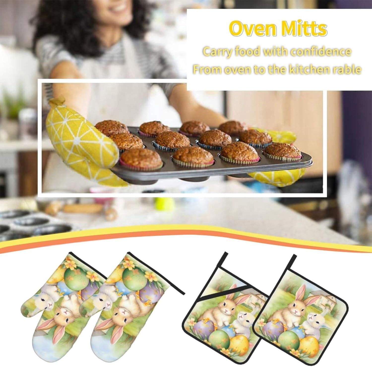 Oven Mitts and Pot Holders Sets of 4, Easter Eggs Floral Kitchen Gloves for Cooking Baking Cartoon Rabbit Bunny Hot Pads BBQ Potholders