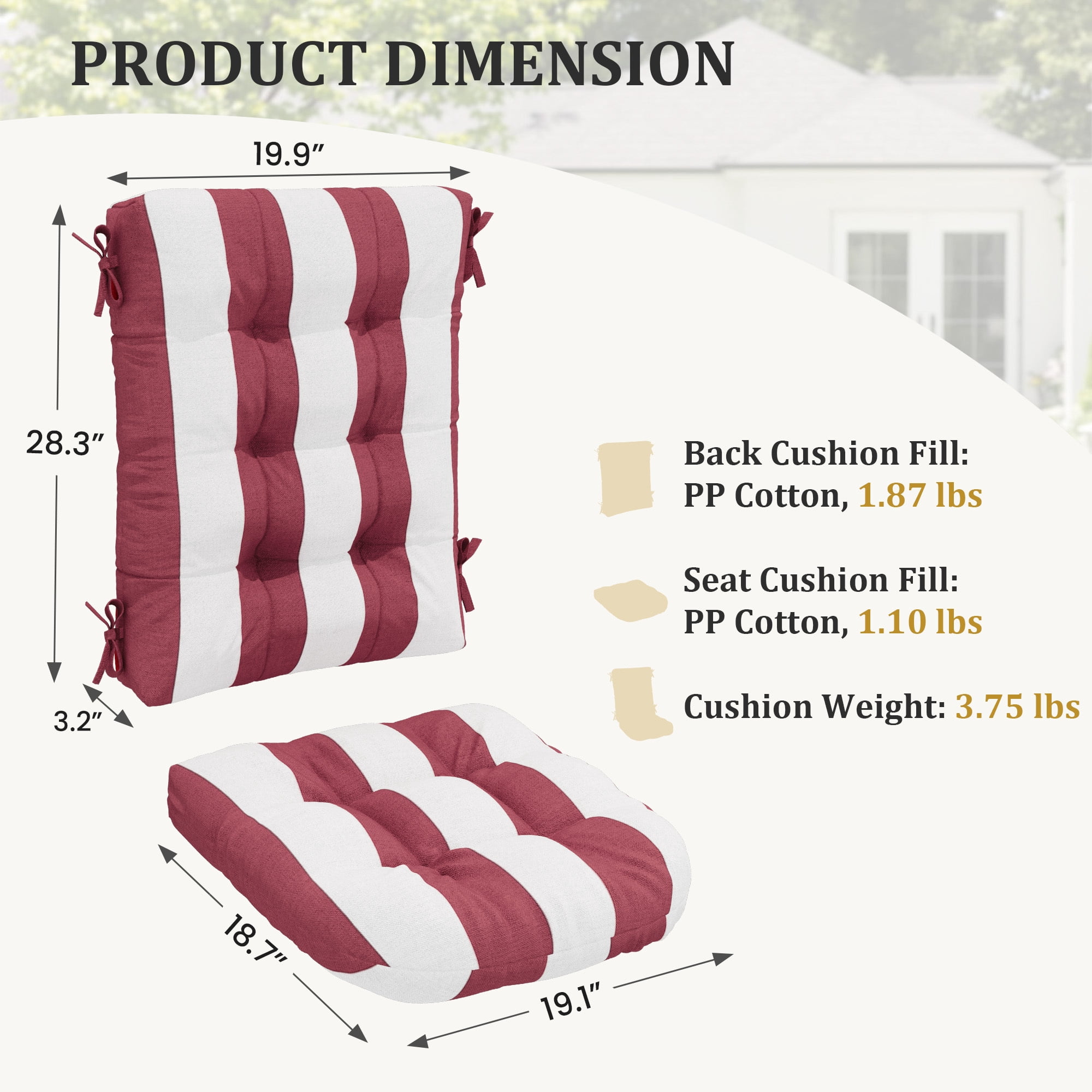 FUNDAZE Outdoor Chair Cushion, 47"L x 19.9"W 1 Piece Cushion W/ Ties for Indoor Outdoor Rocking Chairs, Red & White