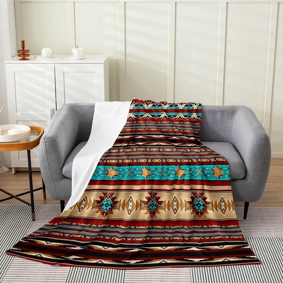 Aztec Throw Blanket 40"X50", Ethnic Tribal Arrow Flannel Fleece Blanket for Sofa Bed Couch, Southwestern Native Bohemian Sherpa Blanket, Western Star Fuzzy Blanket Geometric Bedroom Decor