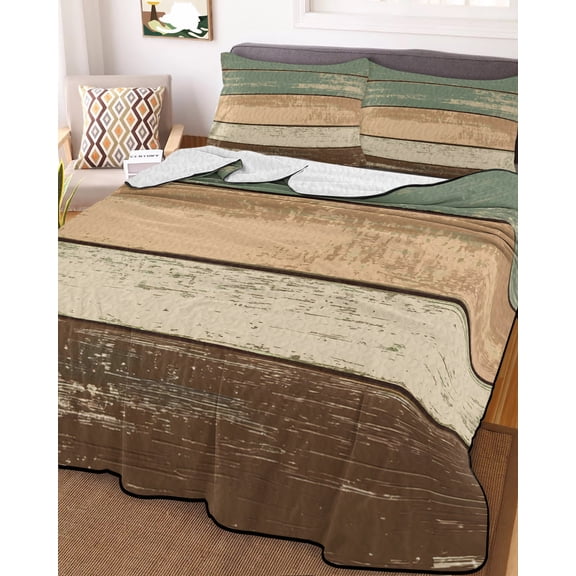 Green Brown Farmhouse Full Size Down Alternative Comforter, Lightweight Comforter Quilt Bedding Set with Pillow Shams Vintage Wooden All Seasons Bed Comforter Duvet Insert 78"x90"
