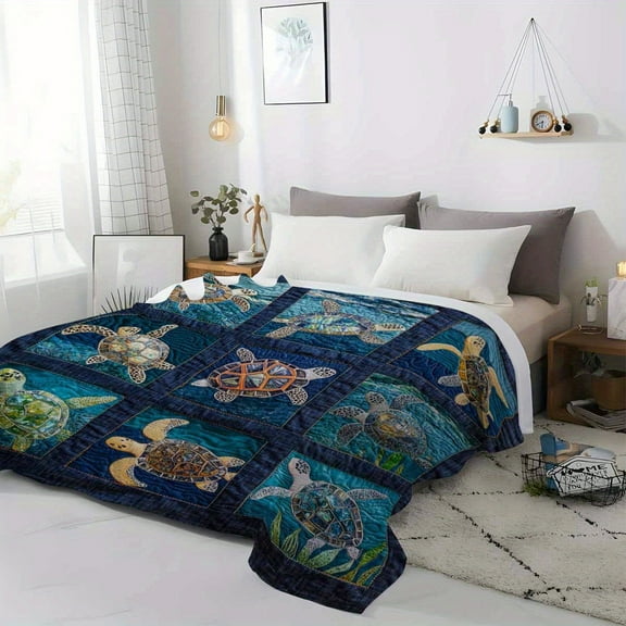 Soft Cozy Flannel Throw Blanket - Patchwork Turtle Print, Vibrant Blue & Green Underwater Design, All-Season Lightweight Blanket for Travel, Sofa, Bed, Office - Contemporary Home Decor & Birthday