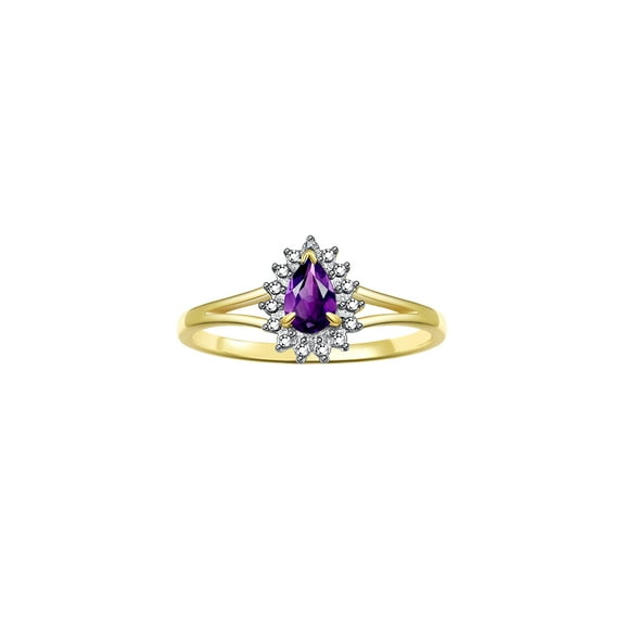 RYLOS Rings for Women 14K Gold Plated Silver Ring Halo of Diamonds Birthstone Ring 6X4MM Pear Shape Tear Drop Gemstone February Amethyst Jewelry for Women Size 5