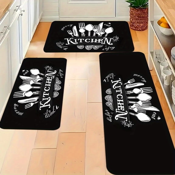 2Pcs Black & White Tableware Pattern Kitchen Floor Mats, Soft Flannel Non-Slip Washable Rugs, Suitable for Kitchen, Bedroom, Living Room and Dining Area