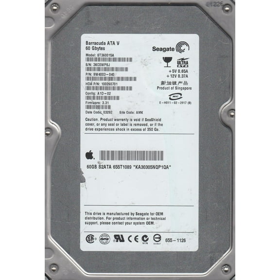 ST360015A, 3KC, AMK, PN 9W4003-040, FW 3.31, Seagate 60GB IDE 3.5 Hard Drive