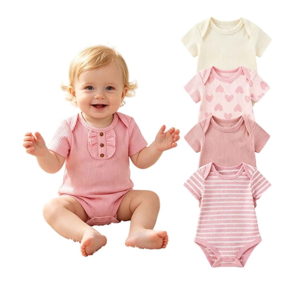 Ruyang 5 Piece Set for Baby Vertical Ribbed Short Sleeve Crew Neck Romper Infant Cotton One-Piece Bodysuits Toddler Clothes 0-12 M