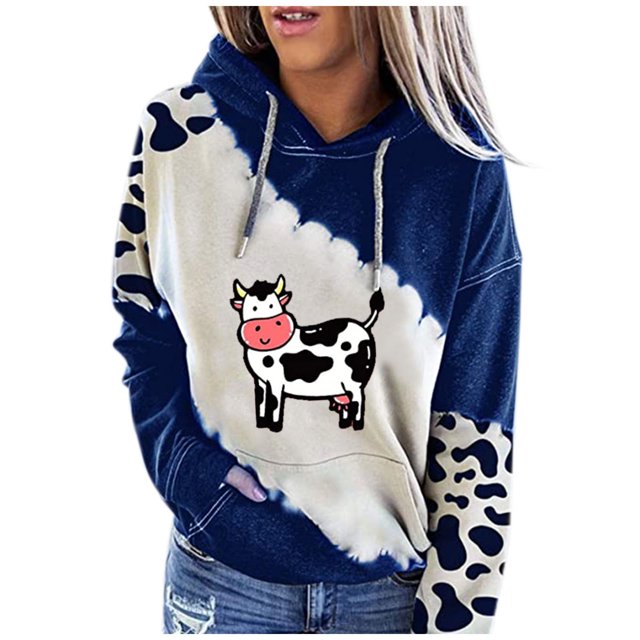 Penkiiy Hoodies pour Femmes Mode Manches Longues Patchwork Imprimé Sweat à Capuche Bleu Y2K Vêtements