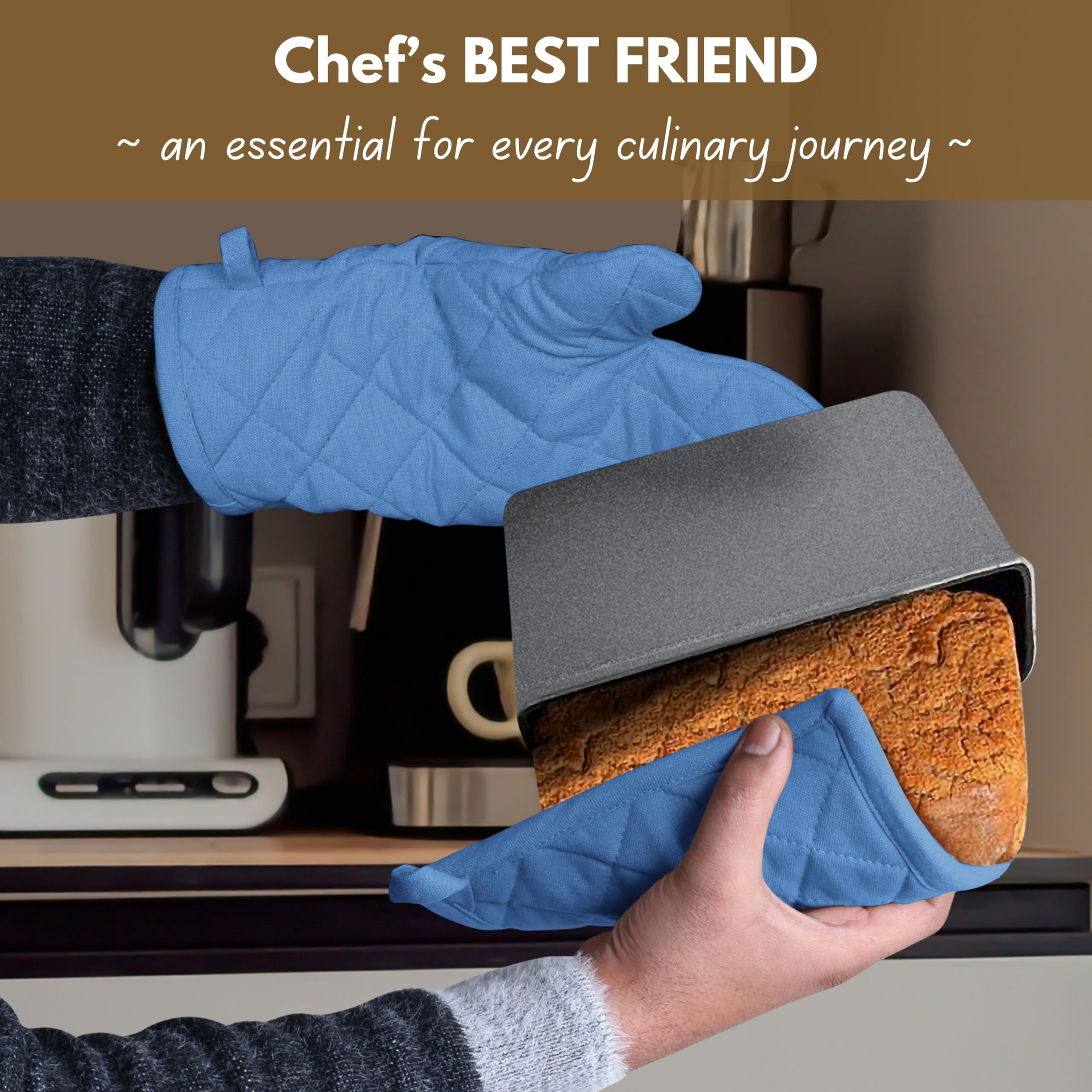 Native Fab 100% Cotton Oven Mitts & Pot Holders for Baking Cooking Hot Pans - 4 Pack - Sky Blue