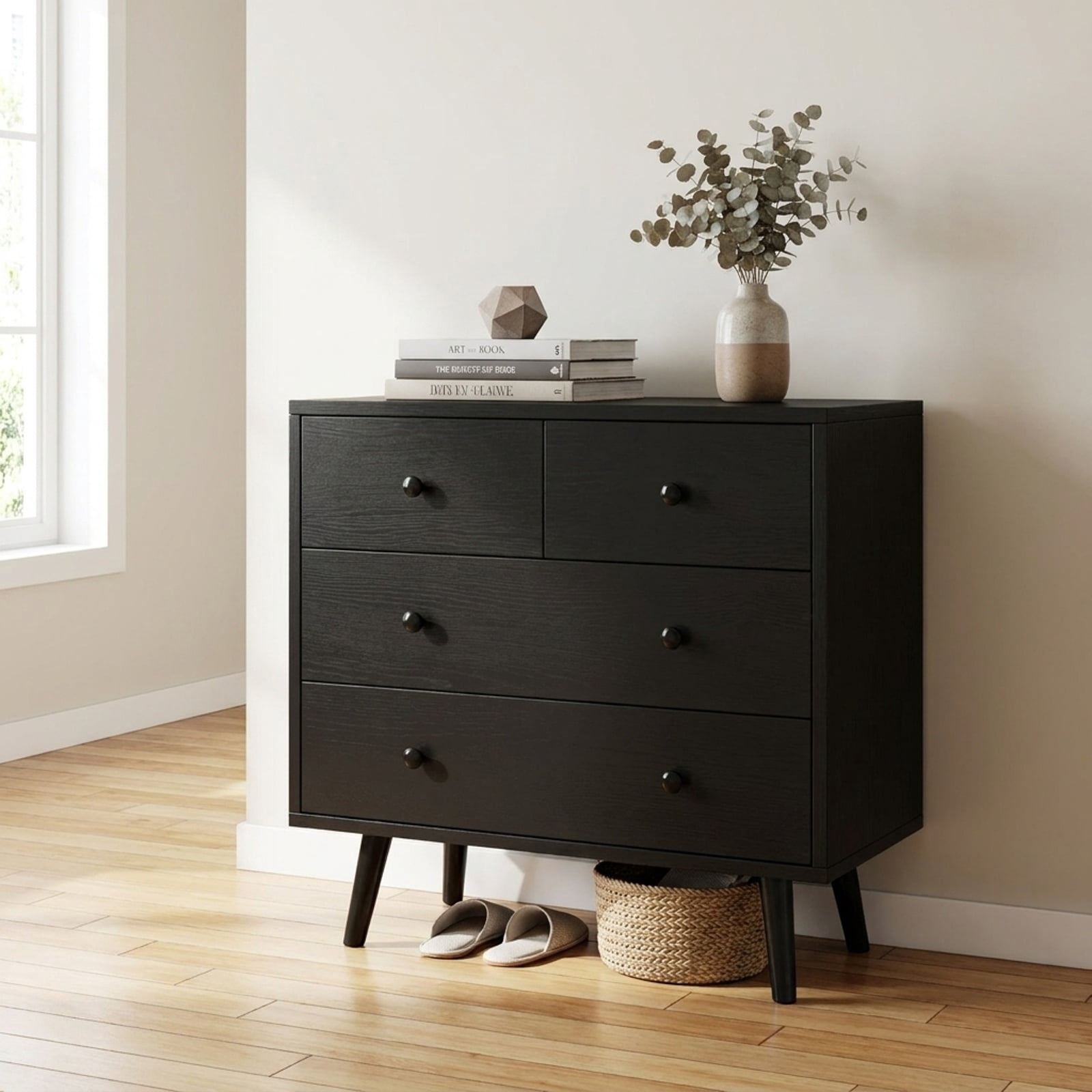 Furnibear Wide Wooden Dresser with 4 Drawers for Bedroom Living Room for Bedroom Closet Living Room Nursery Clothes Storage, Black