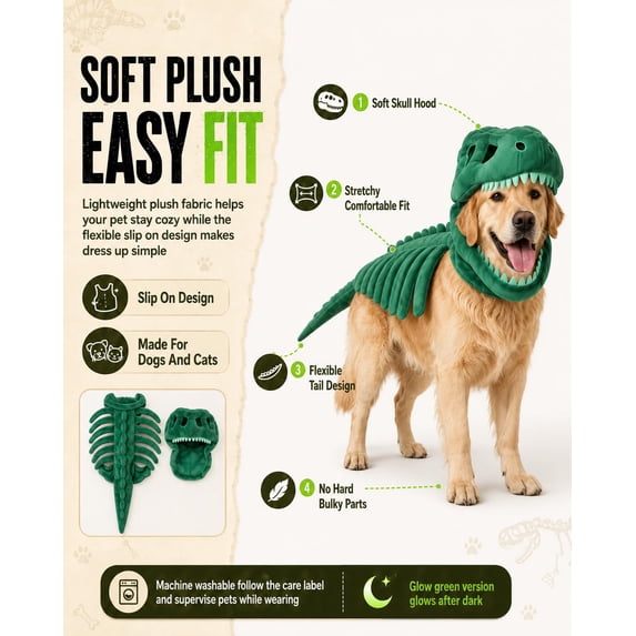 Pet Dinosaur Costume, Soft Plush T-Rex Skeleton Halloween Costume for Dogs Glow-in-the-Dark