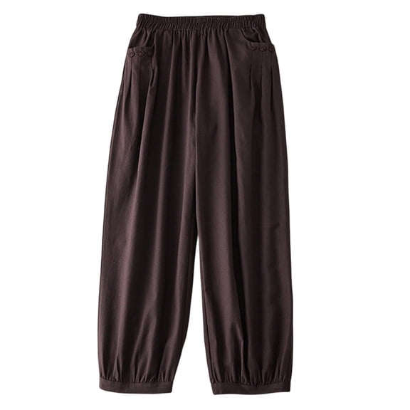 WREESH Womens Cotton Linen Pants Solid Elastic Embroidered Capris Pants Coffee