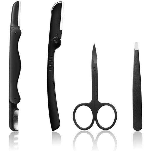 Rasoir à Sourcils, Ciseaux, Pinces à Épiler 4 en 1 Kit Sourcils, Coupe-Sourire Set, Ciseaux d'Épilation du Nez, des Sourcils Ou Visage Épilation Rasoirs de Sécurité pour Femme Homme, Rasoir Facial Tondeuse et Maquillage des Yeux.