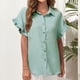 thumbnail image 3 of Camisas de manga corta con volantes para mujer, cuello vuelto, Color puro, cierre de botones, blusa informal de verano, 3 of 6