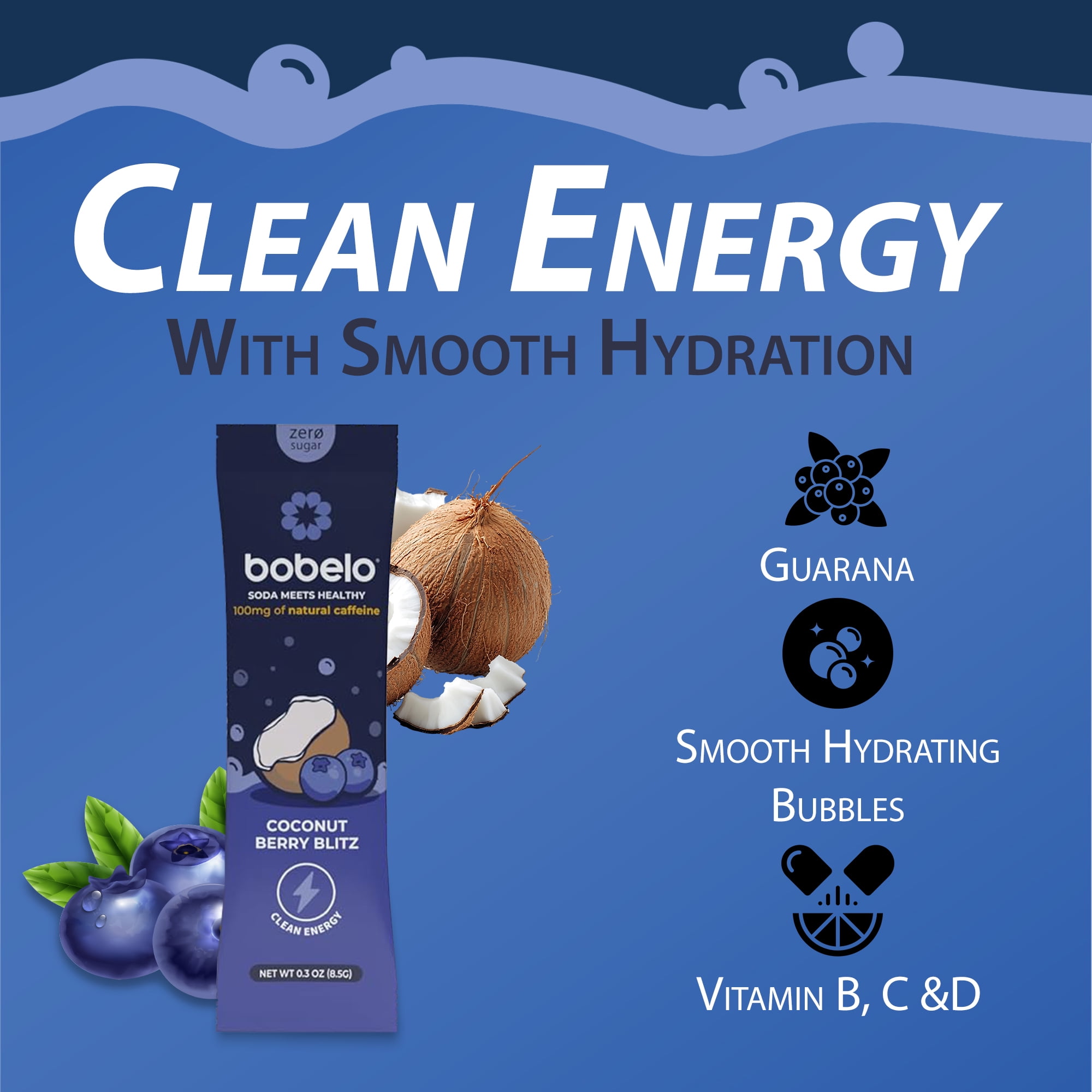 Bobelo Self Carbonating Hydration Powder Packets, Coconut Berry, Sugar-Free, 15 Count, 0.3 oz