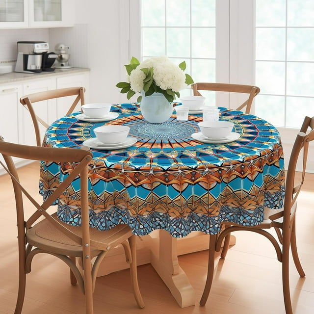 Bohemia Round Tablecloth 70inch, Outdoor Boho Tablecloth Waterproof and Wrinkle-Free, Boho Table Covers, Summer Decorations for Home