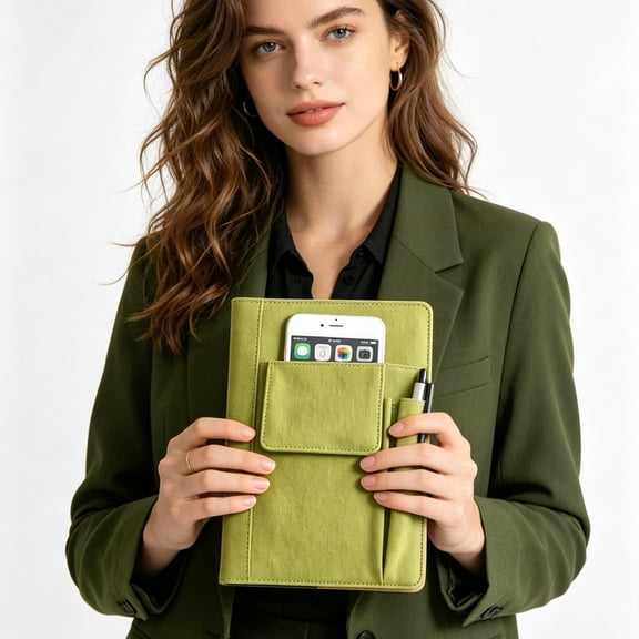 Classic Faux Leather Notebook with Pockets for Journaling Business School Light Green