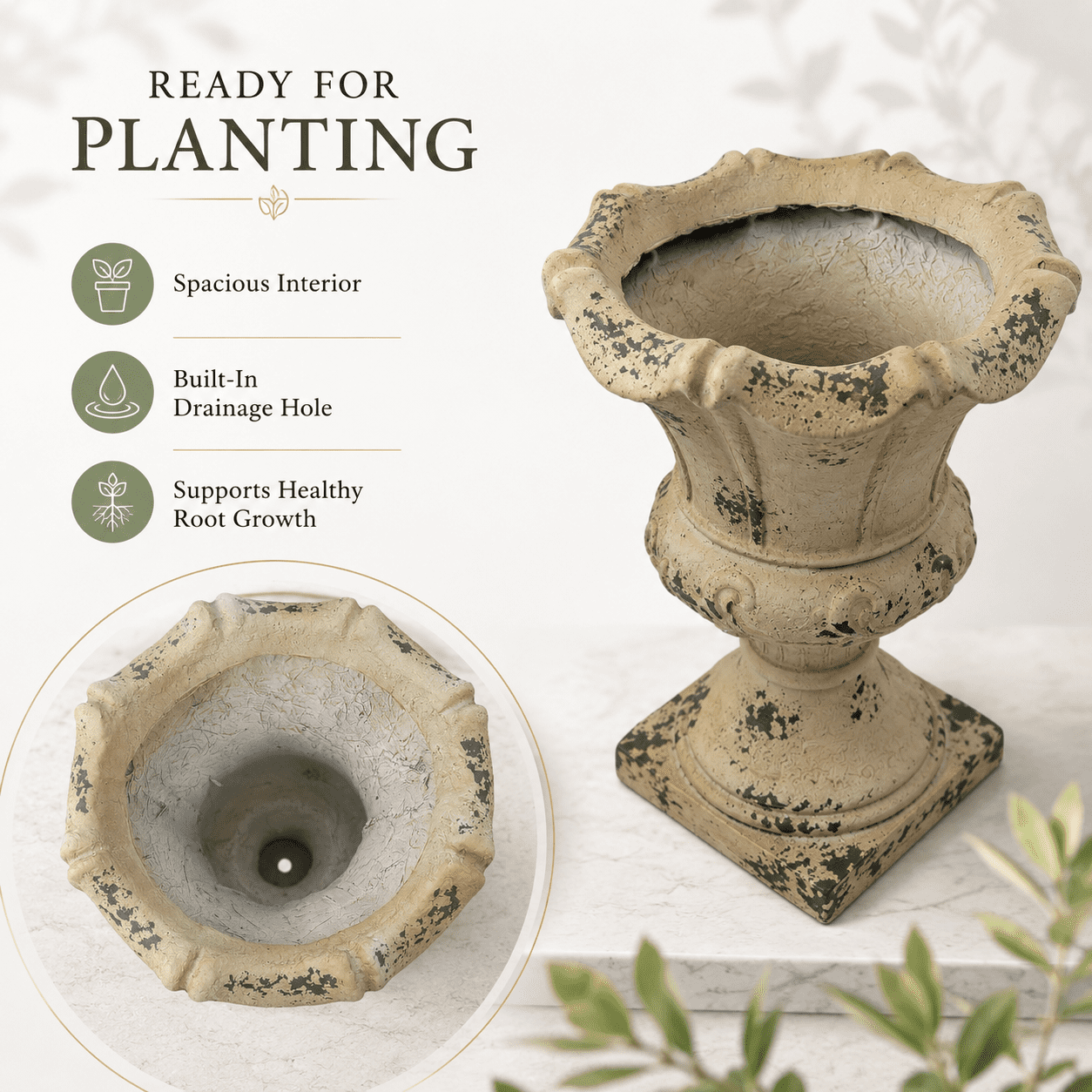 Aukfa Large MGO Garden Urn Planter, Outdoor Tall Decorative Stone-Look Flower Pot with Drainage Hole & Weather-Resistant, White