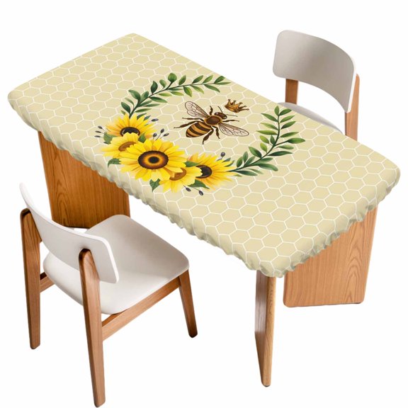Bees Table Cloths for 3 Foot Rectangle Tables, Sunflowers Summer Watercolor Floral Leaf Palnt Honey Patio Waterproof Elastic Fitted Tablecloths, Washable Rectangular Table Cover for Camping