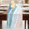 thumbnail image 3 of Ombre Blue Coastal Table Runner, Summer Ocean Beach Gradient Waves Beige Cotton Linen Table Runners 70 Inches Long, Dresser Scarf Runner for Dining/Kitchen/Coffee/TV Stands/Cabinets 13''x70'', 3 of 9