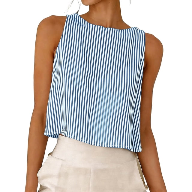 FAVIPT Plus Size Cotton Tank Tops for Women Striped Crew Neck Button Down Tees Summer Beach Vacation Tunic Blue,XXXL