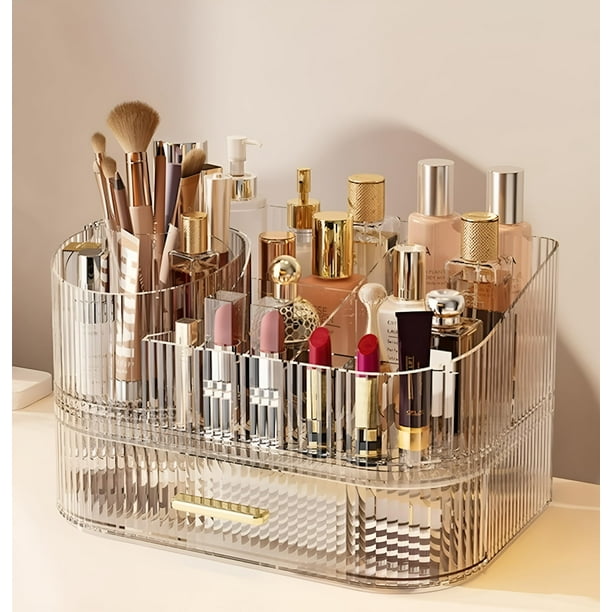 Organizador de maquillaje SpaceLuxe con cajones y cepillo giratorio de 360°