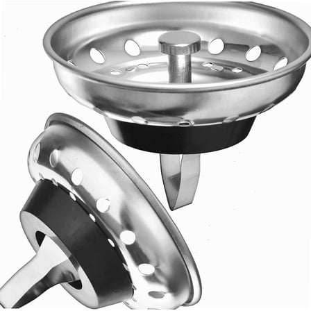 2 Pack - Kitchen Sink Strainer and Stopper Combo Basket Spring Clip Replacement for Standard 3-1/2 inch Drain, Stainless Steel Basket and Rod, Rubber Stopper Bottom