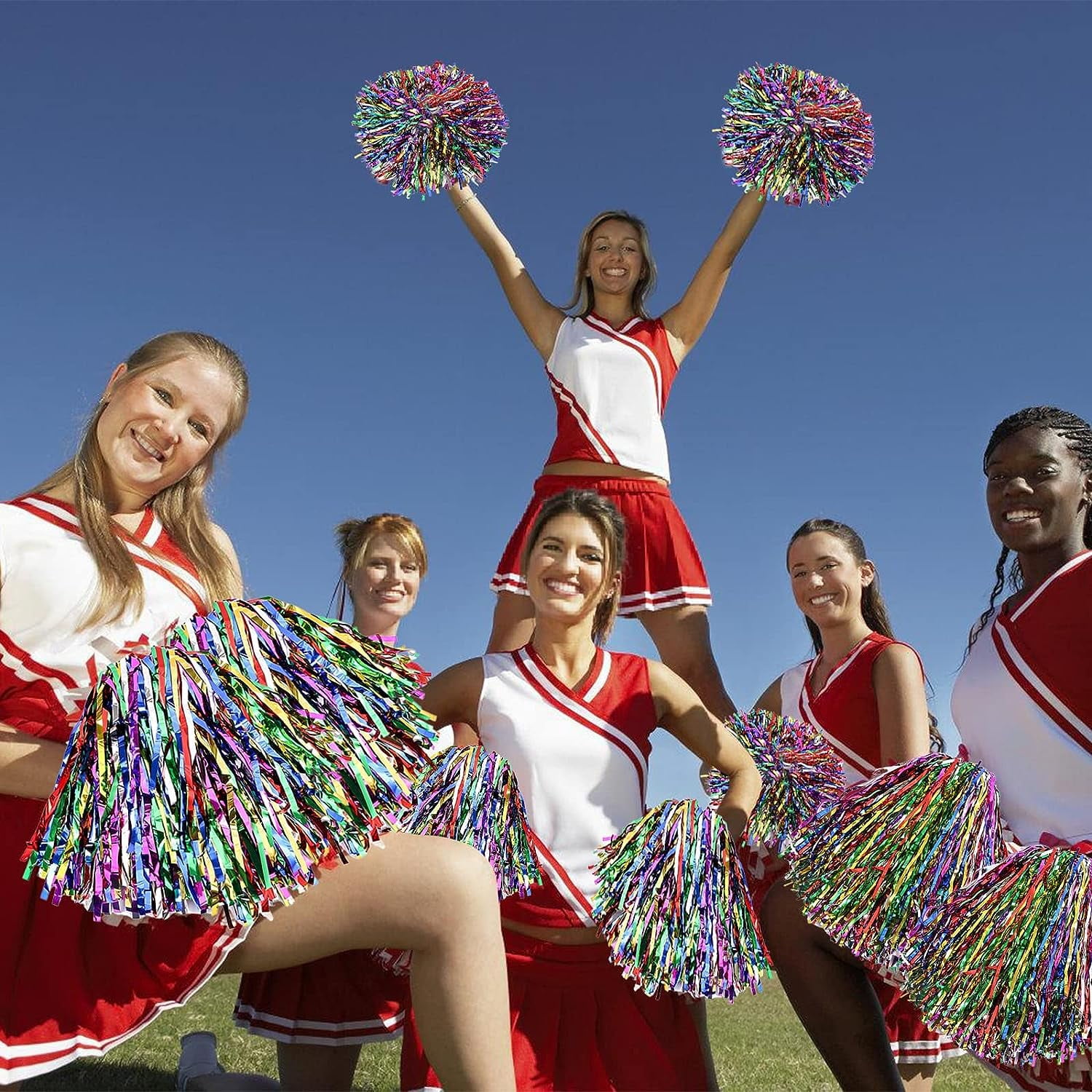 LINLIN Pack of 16 cheerleader pompoms, cheerleading pom poms with handles, hand flowers metal foil cheers ball, cheer poms, cheerleading pompoms for sports events, ball games, dances, carnival parties