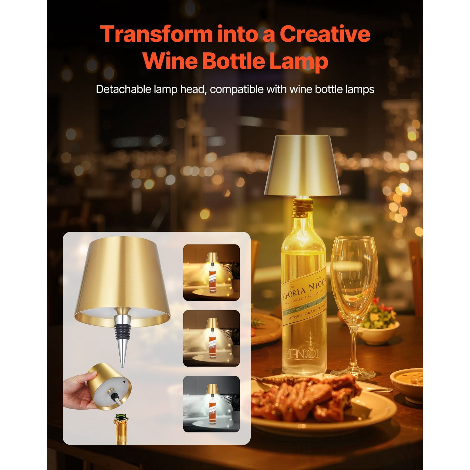 Cordless Table Lamp 2-Pack 5200mAh Rechargeable Battery Desk Lamp Stepless Dimming 10%-100% 3 Color Temperatures 3 Heights Detachable for Bottle Decor Gold