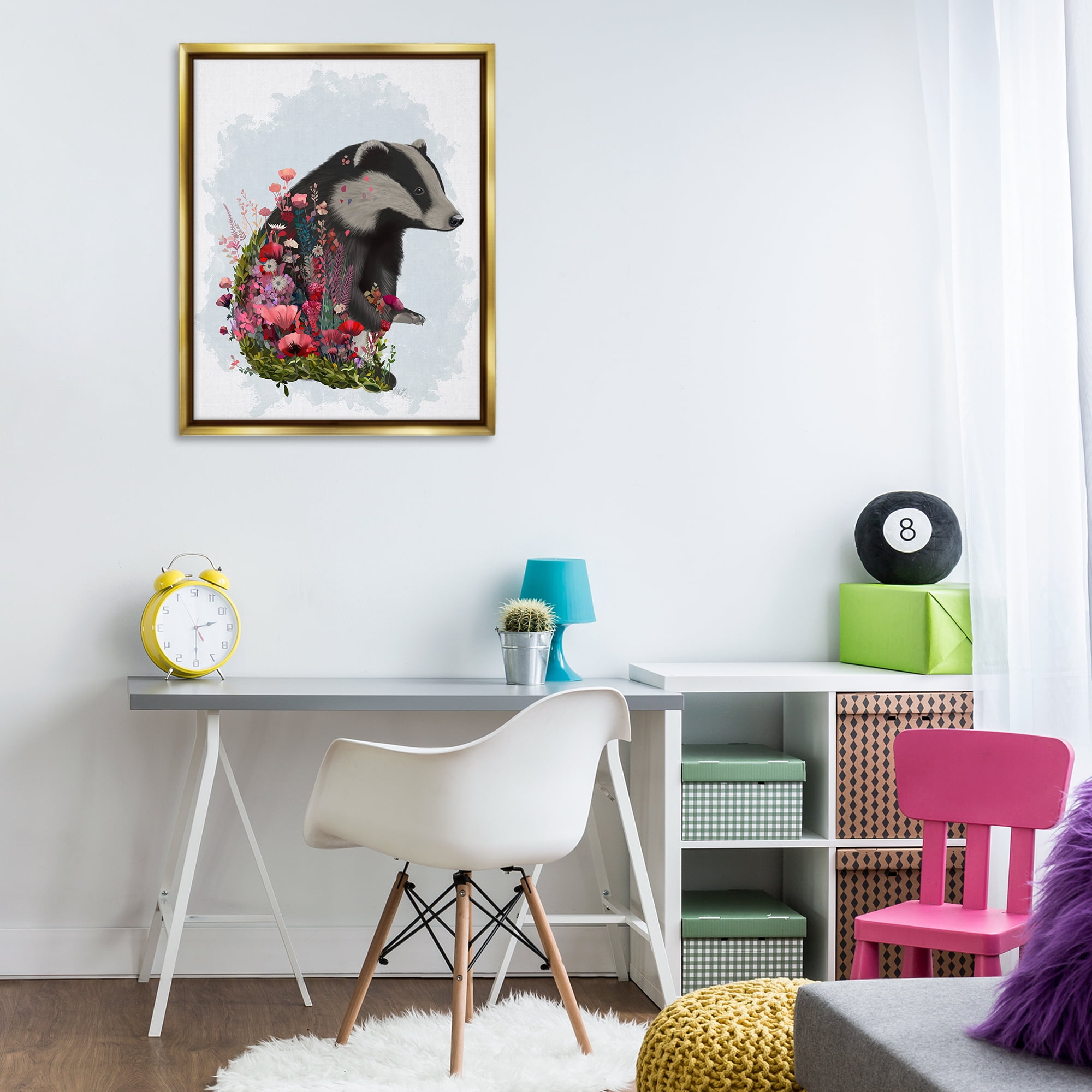 Stupell Industries Badger with Garden Blooms Botanical & Floral Painting Gold Floater Framed Canvas Art Print Wall Art, 25 x 31