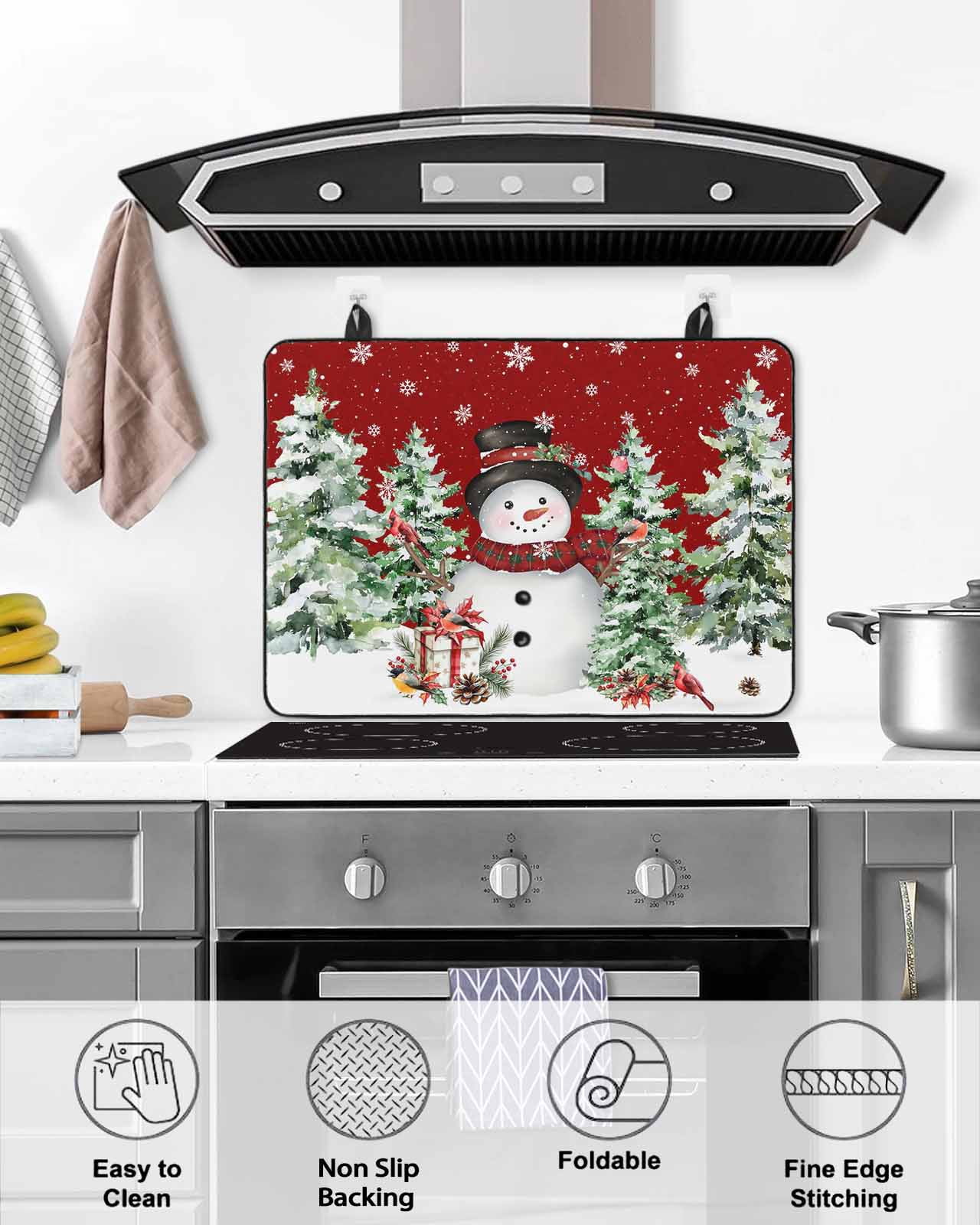Large Induction Cooktop Protector Mat Red Christmas Stove Top Covers for Electric Stove, Xmas Snowman Trees Watercolor Snowflakes Decorative Stove Burner Cover Mats, Glass Top Stove Cover
