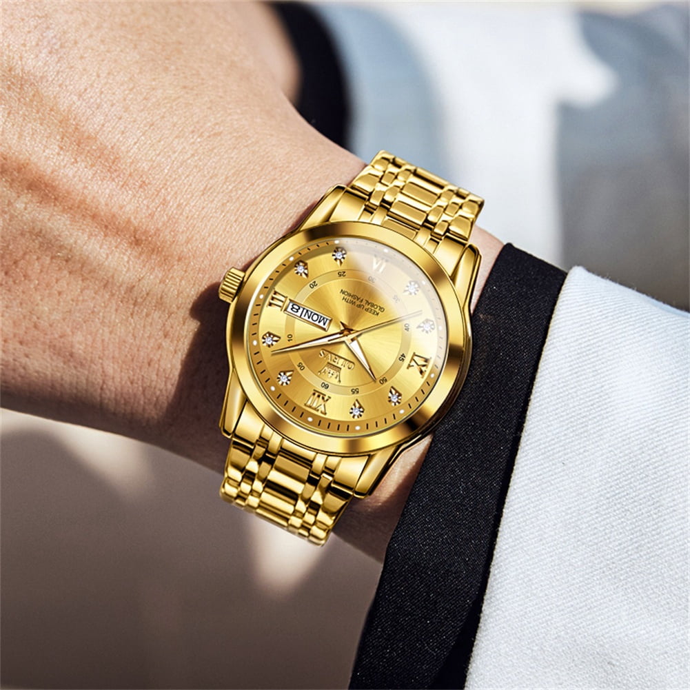 OLEVS Watches for Men Classic Business Dress Analog Quartz Stainless Steel Waterproof Luminous Date Diamond Mens Wrist Watches Relojes De Hombre,Gold/Blue/Black Dial