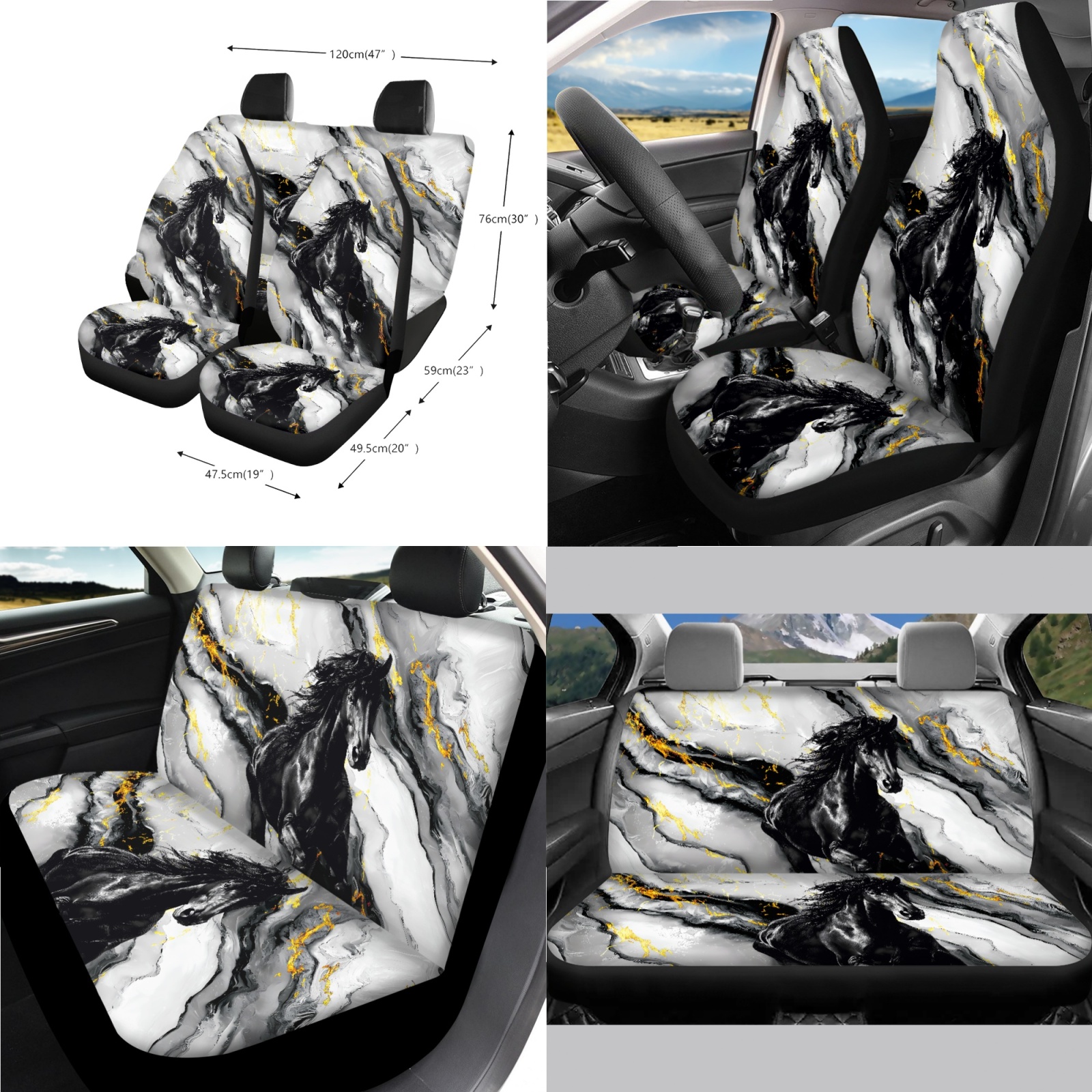 Renewold Black Horse Marble Car Seat Covers Front Rear Full Set Steering Wheel Seat Belt Pads Coasters Waste Bin Armrest Pad Cup Holders Rearview Mirror Handbrake Cover Set, 14 Pack