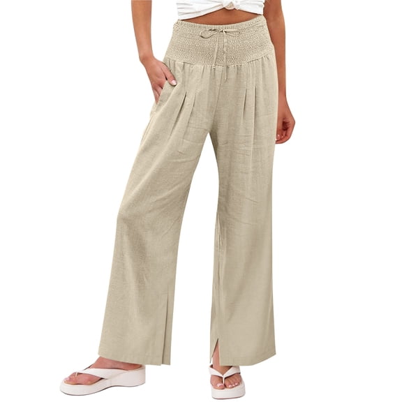 Linen Pants Women High Waist Elastic Loose Comfy Pocket Casual Wide Leg Sweatpants Women Beige L