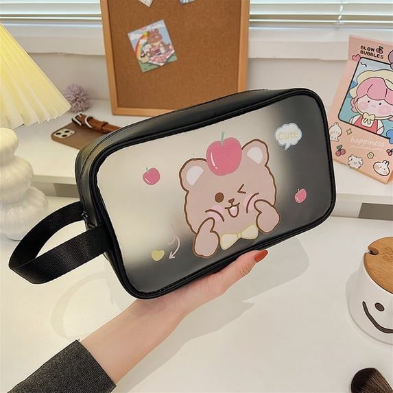 Necessary Pink Waterproof PVC Convenient Cartoon Transparent Makeup Bag Storage Bag Cosmetic Bag Cow Washing Bag M BEAR