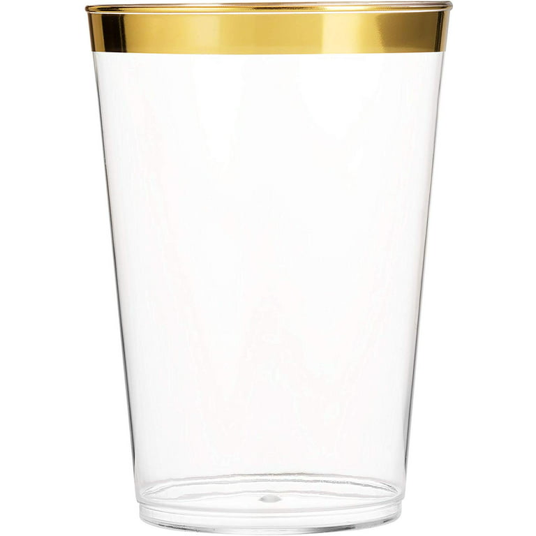 Munfix 100 Gold Plastic Cups 16 oz Clear Plastic Cups Tumblers Gold Rimmed Cups Fancy Disposable Wedding Cups Elegant Party Cups with Gold Rim