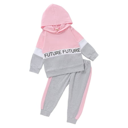 

NZRVAWS Baby Girls Outfits Letter Print Splice Long Sleeve Hoodie Top +Pants 2Pcs Clothes Set 18-24 Months Pink