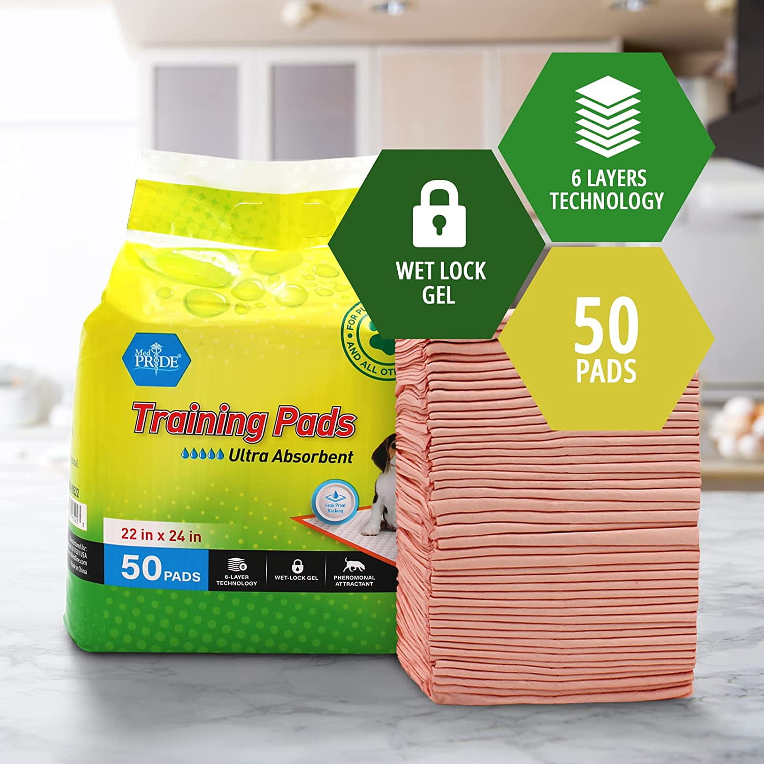 Med Pride Dog Pads 22x24 inch, 100 count Puppy Training Pads with Attractant, Leakproof Pee Pads for Dogs