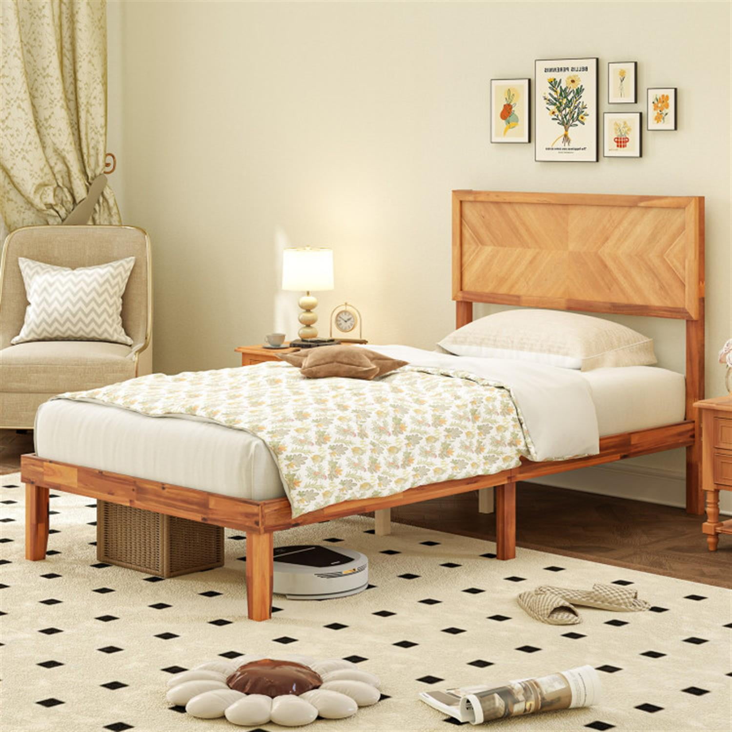 Demi Bonn Twin Size Bed Frame with Headboard, Acacia Wood Platform Bed Frame with Under Bed Storage, No Box Spring Needed, Gold